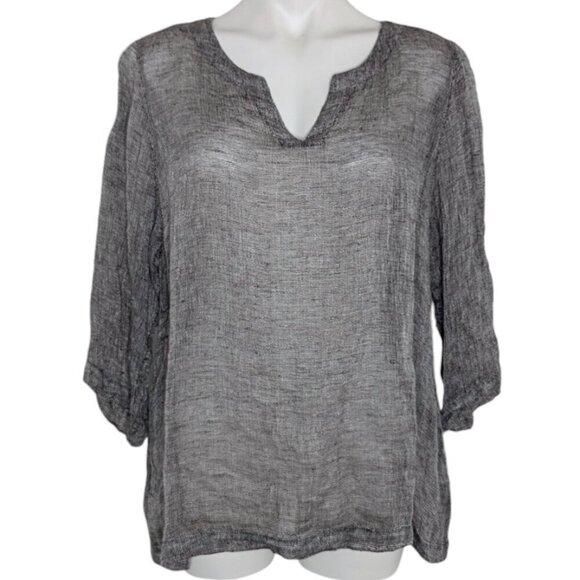PureJill J. Jill Gray Split Neck Linen Gauze Lagenlook Three Quarter Sleeve Top - Picture 1 of 7